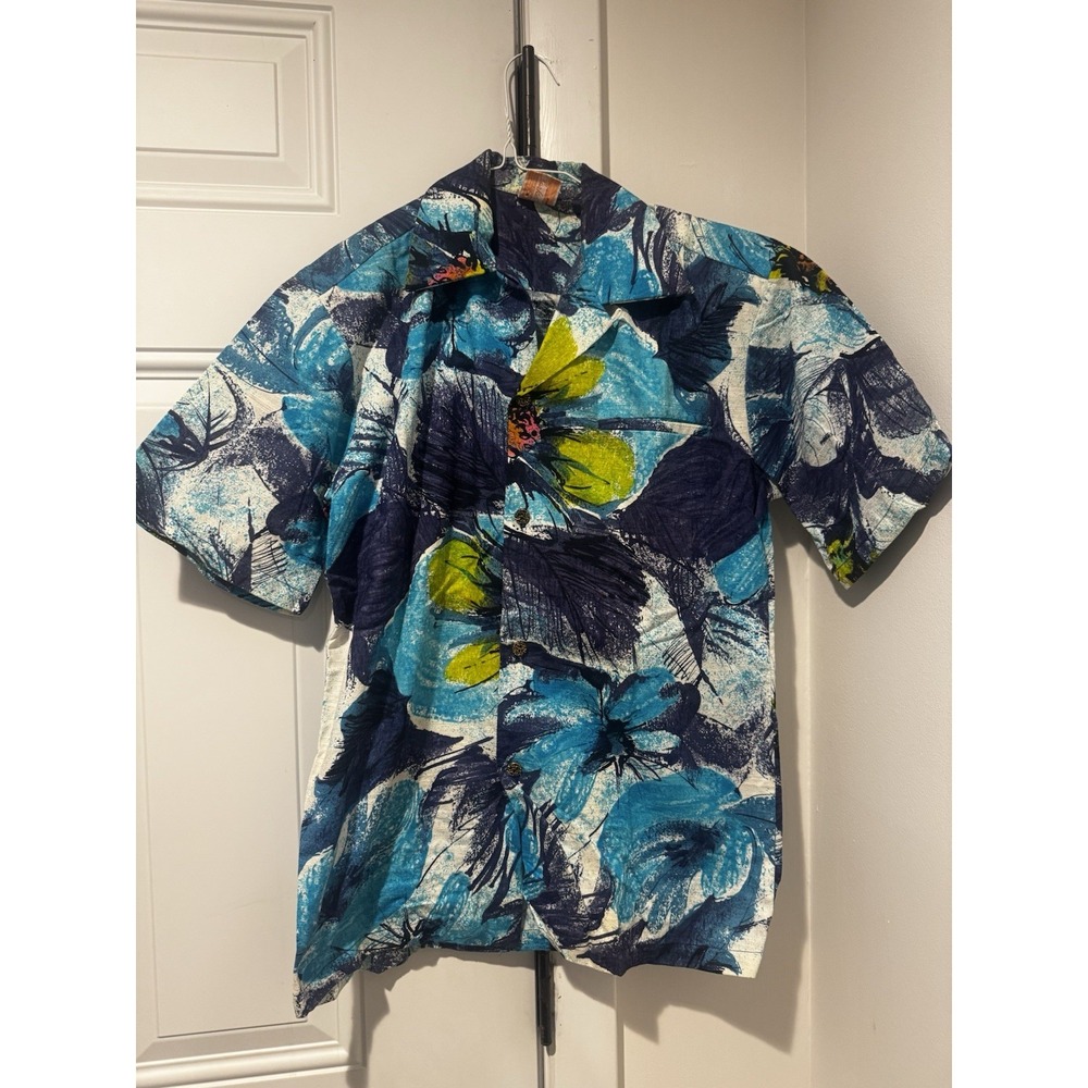Vintage Waltah Clarke Men's Abstract‎ Floral Hawaiian Shirt SS Blue Green S Art